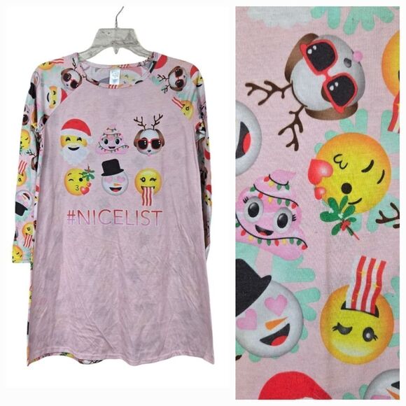 Girls Emoji Nightgown Pink Christmas Santa #NiceList Smiley Reindeer Sleep Gown - Picture 1 of 7